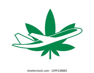 Airplane flying through a green cannabis leaf symbolizing cannabis tourism and travel