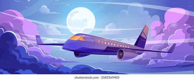 Airplane flying through night sky with full moon - passenger aircraft soaring above purple clouds in moonlight. Commercial plane gliding among illuminated cumulus formations during celestial journey.