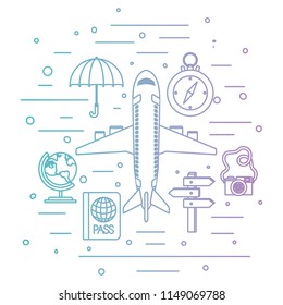 airplane flying with travel set icons