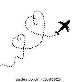 Airplane flying. Two dash line heart loop in the sky. Air plane icon. Black silhouette shape. Travel trace. Happy Valentines Day Love romantic card. Flat design. White background. Isolated. Vector