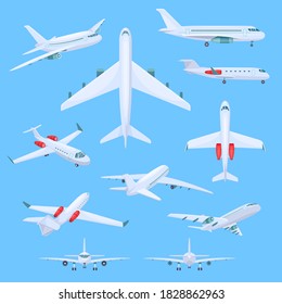 Airplane Flying Vector Illustrations. Cartoon Flat Air Plane Airline Collection In Top Or Side, Front View, Isometric Civil Passenger Or Industrial Model Of Aircraft In Flight. Transport Isolated Set