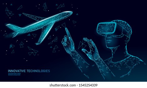 Airplane flying VR screen analysis. Flight up tourism journey virtual reality glasses. Transportation technology banner template. Low poly 3D vector illustration