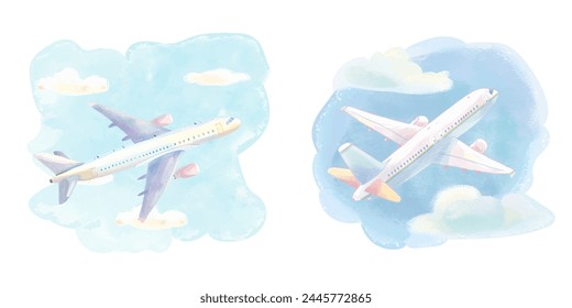 Ilustración vectorial de acuarela de vuelo de avión 