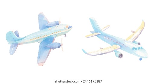 airplane flying watercolor vector illustration 