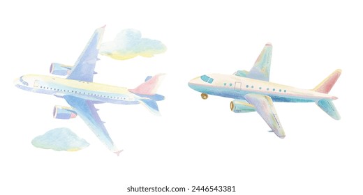 airplane flying watercolor vector illustration