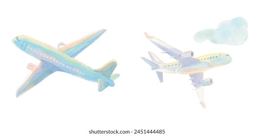 airplane flying watercolor vector illustration 