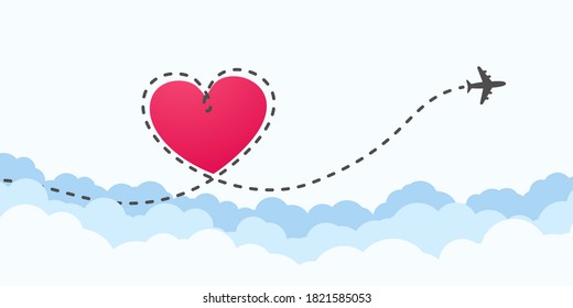 A Airplane flying in the white sky leaving behind a love shaped smoke trail