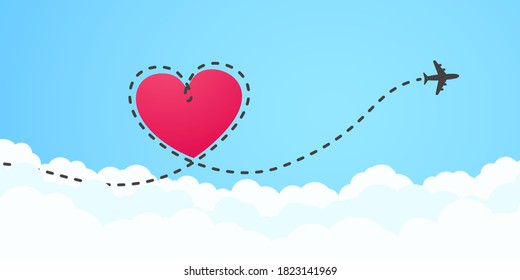 An airplane flying in the white sky leaving behind a love shaped smoke trail