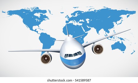 Airplane flying with world map background illustration