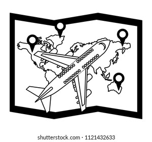airplane flying with world paper map and pin location