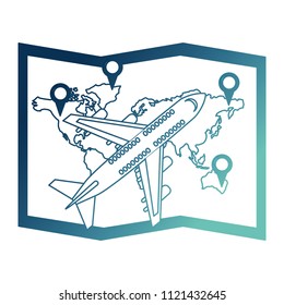 airplane flying with world paper map and pin location