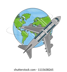 airplane flying with world planet earth