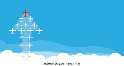 Airplane in form arrow illustration background vector concept creative. Cloud plane blue business teamwork direction red leader. Leadership follow vision idea