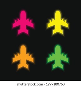 Airplane four color glowing neon vector icon