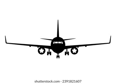 Airplane front black silhouette clipart isolated on white. Flat shape in stencil style. Simple vector picture for aircraft and civil aviation illustration, transport or air travel design, print.