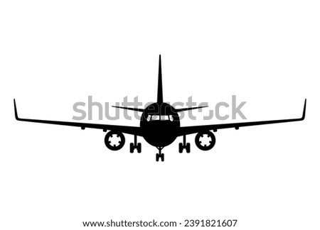 Airplane front black silhouette clipart isolated on white. Flat shape in stencil style. Simple vector picture for aircraft and civil aviation illustration, transport or air travel design, print.