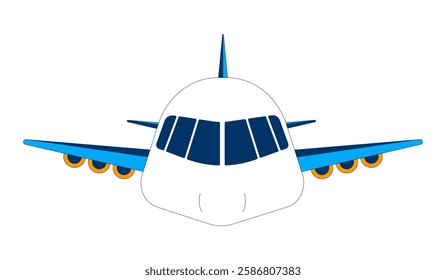 Airplane front view 2D cartoon object. Airline industry. Flight transport. Commercial aircraft. Air travel, modern aviation isolated element flat vector clipart on white background. Spot illustration