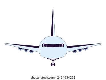 Airplane front view 2D linear cartoon object. Airport vehicle. Plane transport aviation isolated line vector element white background. Flying transportation airliner color flat spot illustration