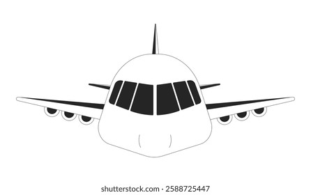 Airplane front view black and white 2D line object. Airline industry. Flight transport. Commercial aircraft. Air travel, aviation isolated clip art vector outline item. Monochromatic spot illustration