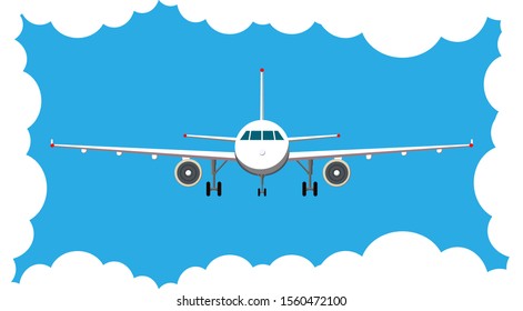 Airplane front view. Blue sky with clouds. Flat vector illustration.