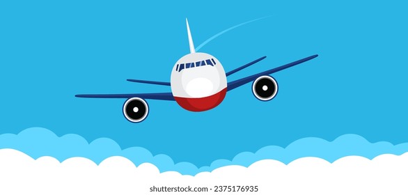 Airplane front view illustration on sky background flying. Plane on cartoon flat style