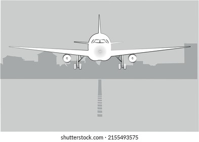 Airplane Front View Landing Against the Background of a Residential Area and a Road, Vector Illustration