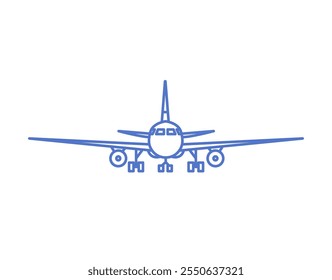 Airplane front view, line art icon. Outline airliner with wings, engines. Passenger aircraft, air plane. Aeroplane landing, flying transport. Flat vector illustration isolated on white background