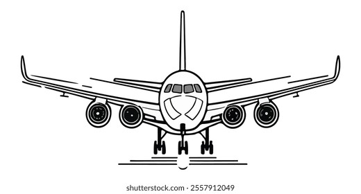 Airplane front view, line art icon. Vector flat illustration isolated on white background