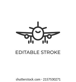 Airplane front view line icon. Air transport Used for movement, business flights and travel. Isolated vector illustration on a white background. Editable stroke.