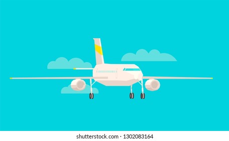 Airplane front view, on a blue background. Flat vector colorful illustration.
