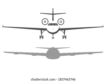 Airplane front view. Passenger or commercial jet isolated on background. Aircrfat in flat style. Vector illustration