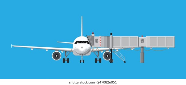 Airplane front view. Passenger or commercial jet with aero bridge or jetway. Telescopic ladder for airport. Ramp, gate, aerobridge. Airport terminal services. Vector illustration in flat style