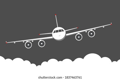 Airplane front view. Sky with clouds. Flat vector illustration.