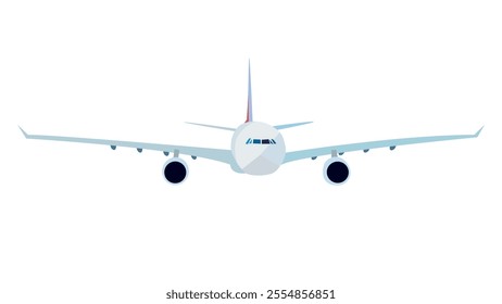 airplane front view vector. Passenger plane flying. travel concept. Travel and vacation time. Passenger or commercial jet.  Aircraft in flat style. 