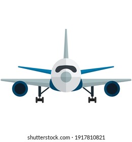 Airplane front view vector. Plane fuselage with wings, turbine and chassis isolated on white background. Commercial passenger air transport illustration