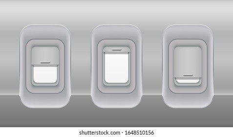 Airplane fuselage windows. Aircraft indoor portholes template, vector open and closed fuselage plane window in wall plane. Vector Illustration