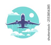 Airplane gaining altitude between clouds. Travel and vacation time. Vector illustration in a minimalistic style.