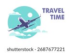 Airplane gaining altitude between clouds. Travel and vacation time. Vector illustration in a minimalistic style.