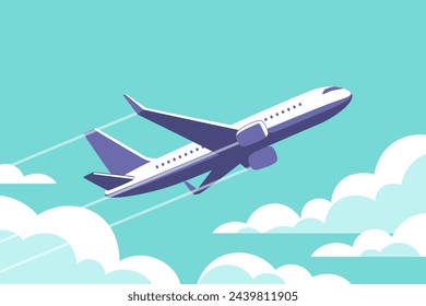 Airplane gaining altitude between clouds. Travel and vacation time. Vector illustration in a minimalistic style.