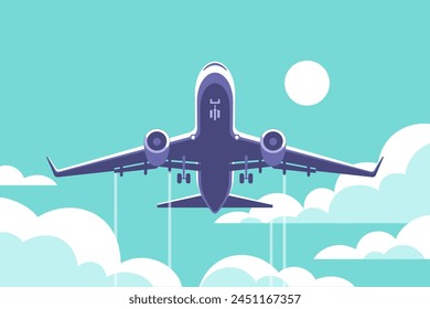 Avión ganando altitud entre las nubes. Viajes y vacaciones. Ilustración vectorial en un estilo minimalista.