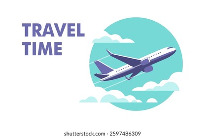 Airplane gaining altitude between clouds. Travel and vacation time. Vector illustration in a minimalistic style.