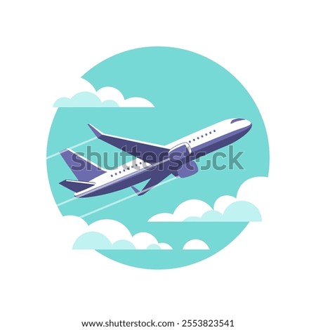 Airplane gaining altitude between clouds. Travel and vacation time. Vector illustration in a minimalistic style.