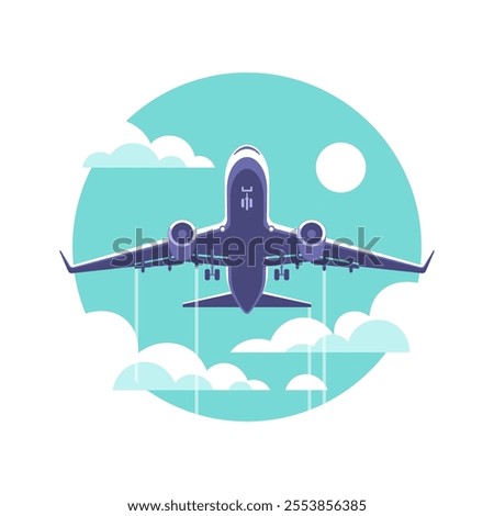 Airplane gaining altitude between clouds. Travel and vacation time. Vector illustration in a minimalistic style.