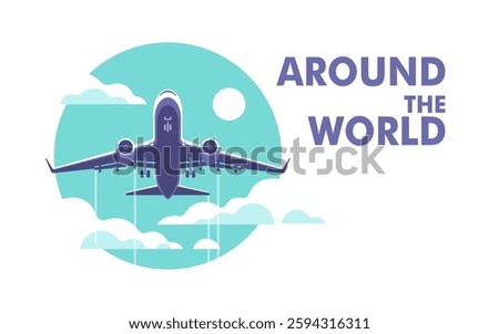 Airplane gaining altitude between clouds. Travel and vacation time. Vector illustration in a minimalistic style.