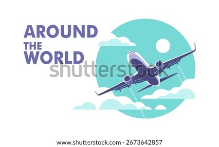 Airplane gaining altitude between clouds. Travel and vacation time. Vector illustration in a minimalistic style.