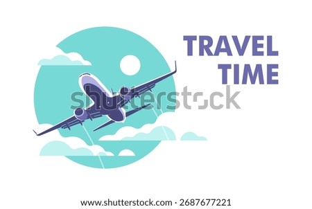 Airplane gaining altitude between clouds. Travel and vacation time. Vector illustration in a minimalistic style.