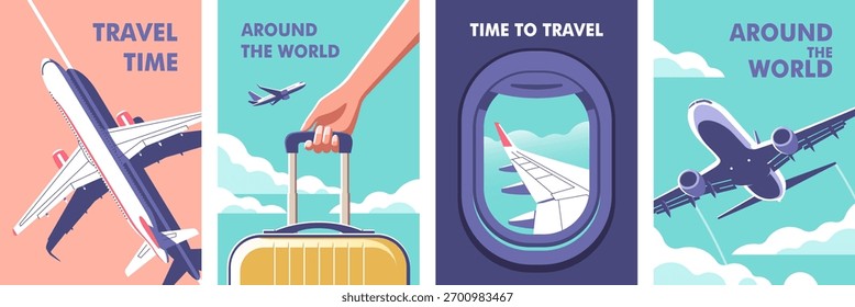 Airplane gaining altitude. View through the porthole of aircraft. Passenger plane parked on the runway. Woman holding a suitcase in her hand close-up. Perfect vetor background on the theme travel.