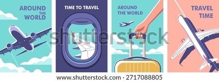 Airplane gaining altitude. View through the porthole of aircraft. Passenger plane parked on the runway. Woman holding a suitcase in her hand close-up. Perfect vetor background on the theme travel.