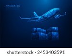 airplane global logistics delivery and cargo low poly wireframe. plane transport with parcel. vector illustration fantastic design on blue background.