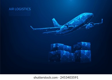 airplane global logistics delivery and cargo low poly wireframe. plane transport with parcel. vector illustration fantastic design on blue background.